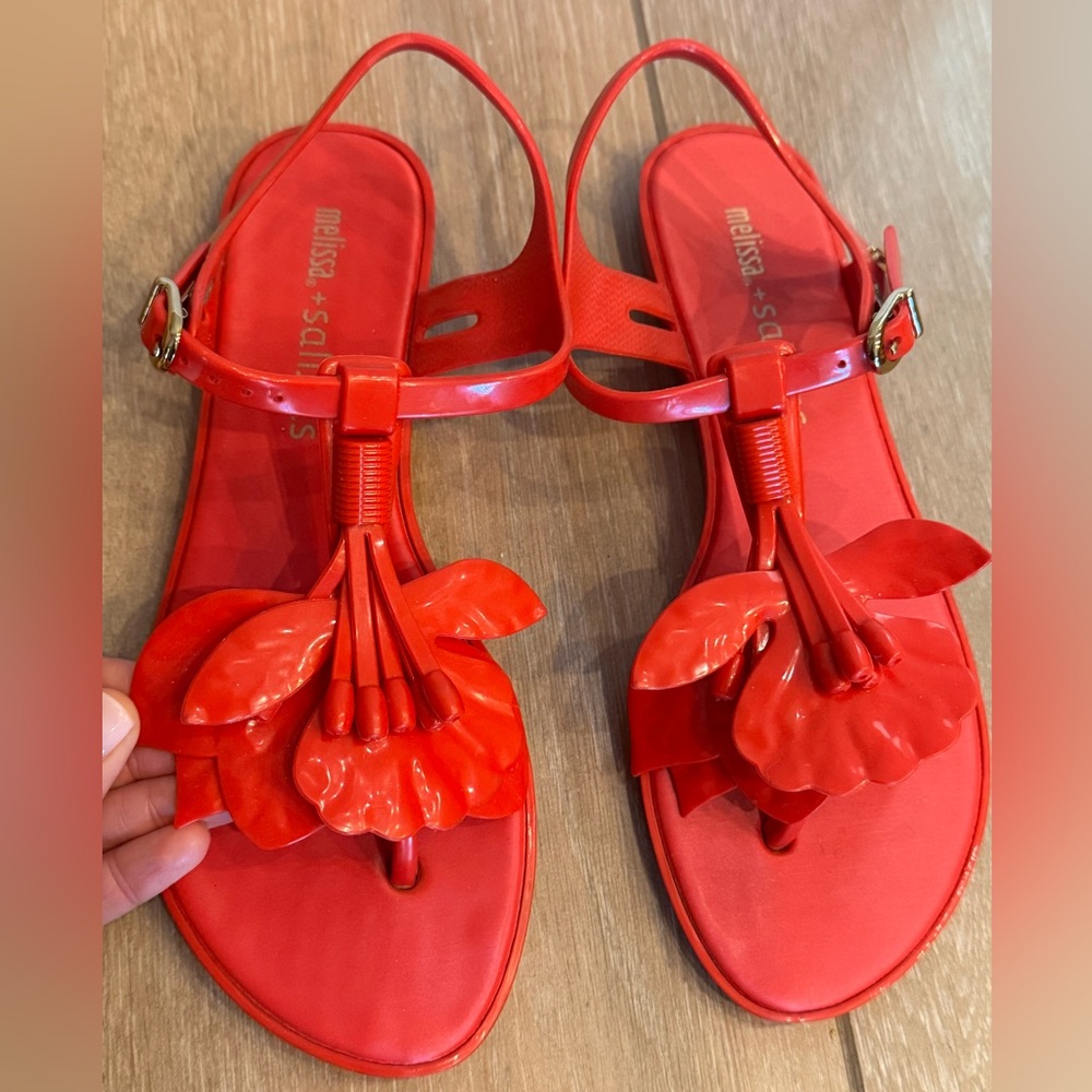 Melissa x Salinas Red Jelly T-Strap Sandals with Ankle Buckle